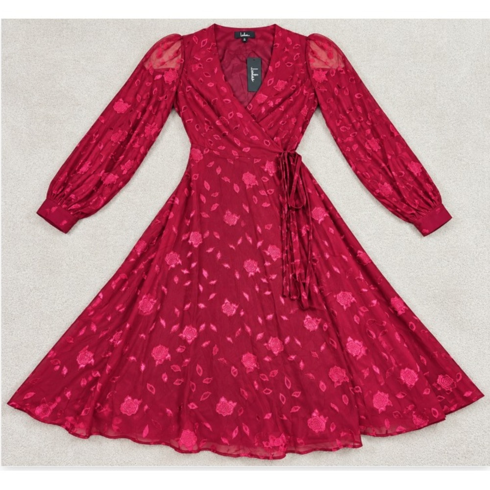 NWT Lulus M Burgundy Floral Wrap Midi Dress Romantic Coquette Whimsigoth Regency